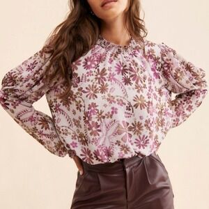 Free People Women's Clarissa Floral Printed Smocked Blouse,‎ Grey Lilac Combo, S